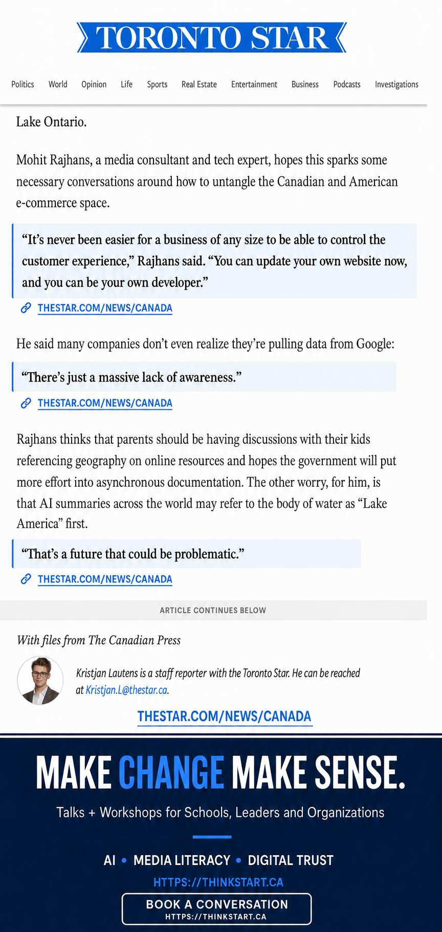 Toronto Star excerpts quoting Mohit Rajhans on Google Maps, media literacy and digital trust
